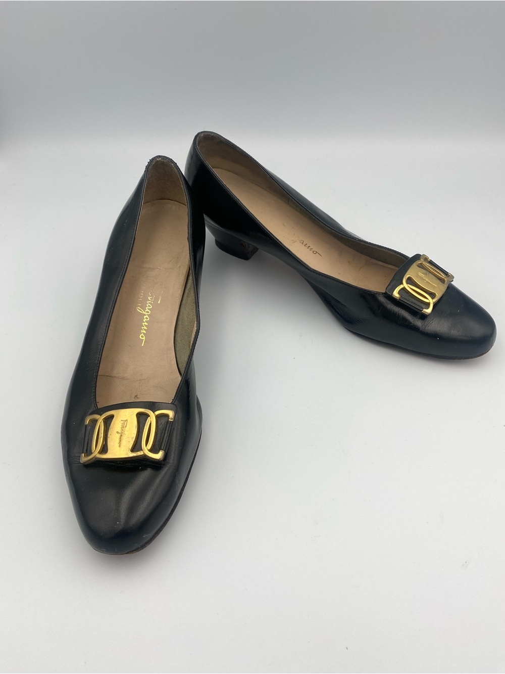 Salvatore Ferragamo Black Leather Low Heel Loafers with Gold Hardware